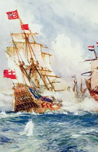ブレイクが海を席巻したとき：サーエブリンウッド（1838-1919）が編集した「陸と海でのイギリスの戦い」のイラストから、ブレイク提督（1599-1657）とヴァントロンプ（1598-1653）の戦いのイラストが最初に出版されました。